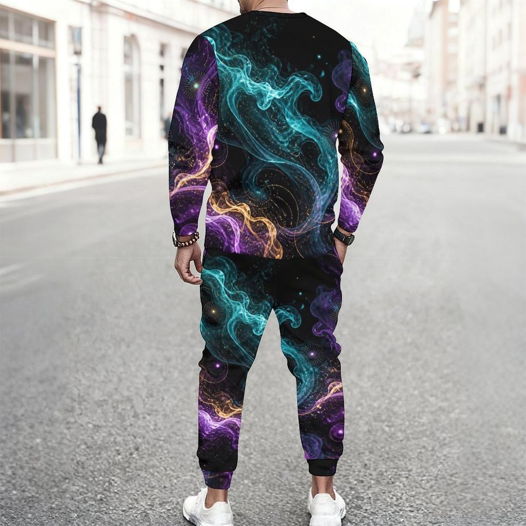 Men s Plus Size Nebula Printed Two Piece Set Round Neck Long Sleeve Top Cuffed Pants