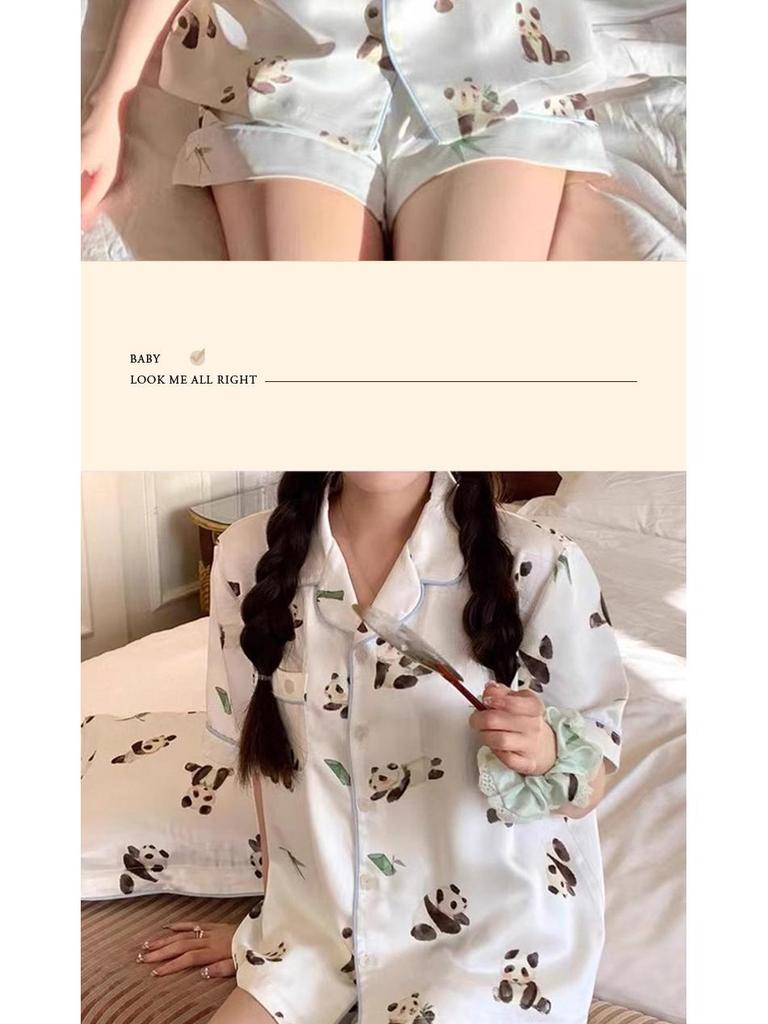 Summer Ice Silk Pajama Set: Cartoon Little Panda Short Sleeve & Shorts for Women