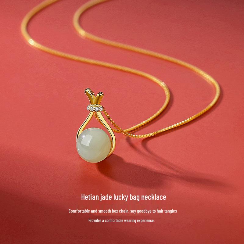Tichia Real S925 Sterling Silver Hetian Jade Lucky Bag Necklace - Elegant Women's Clavicle Chain