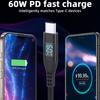 1m USB-C to USB-C Cable Digital Display 3A/20V 60W Fast Charging Braided Data Cord for Smartphones Tablets