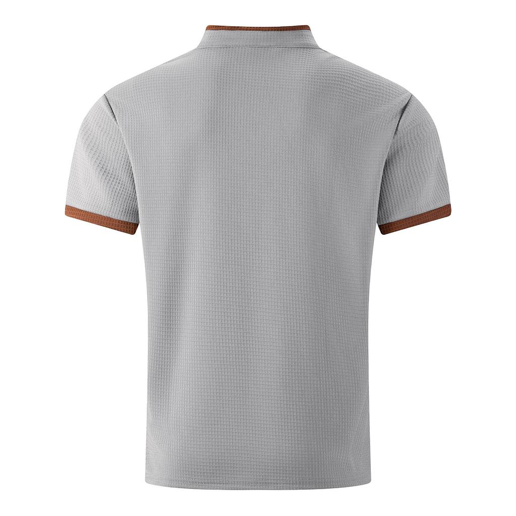 Men's Color Blocked V-neck Single Breasted Shirt  Men's Casual And Comfortable Short Sleeved Shirt