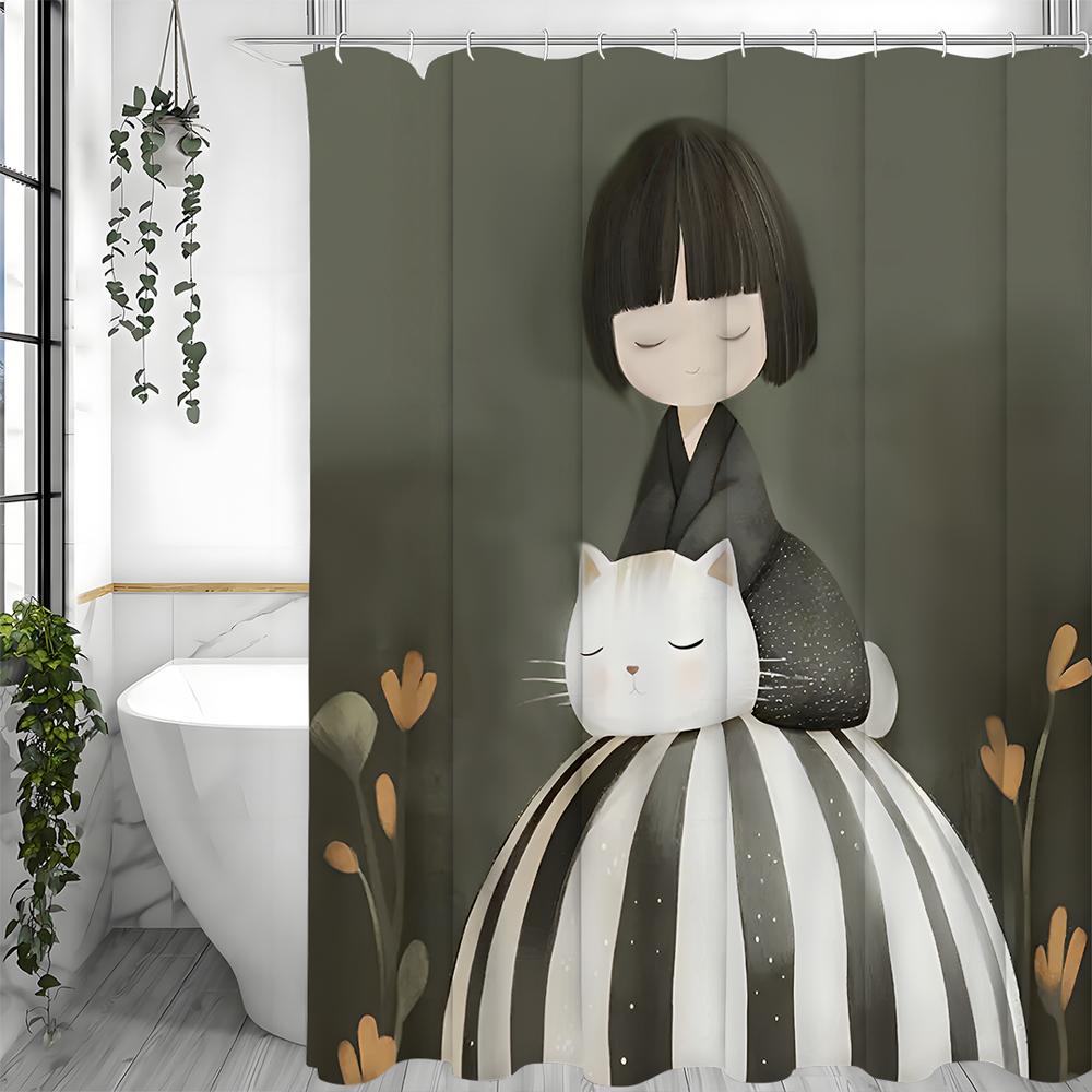 

Мультяшная шторка для душа для девочек с кошкой, желтыми цветами, зеленым фоном, женская шторка для душа для тихой ванной комнаты с крючками, водонепроницаемая 90*180cm