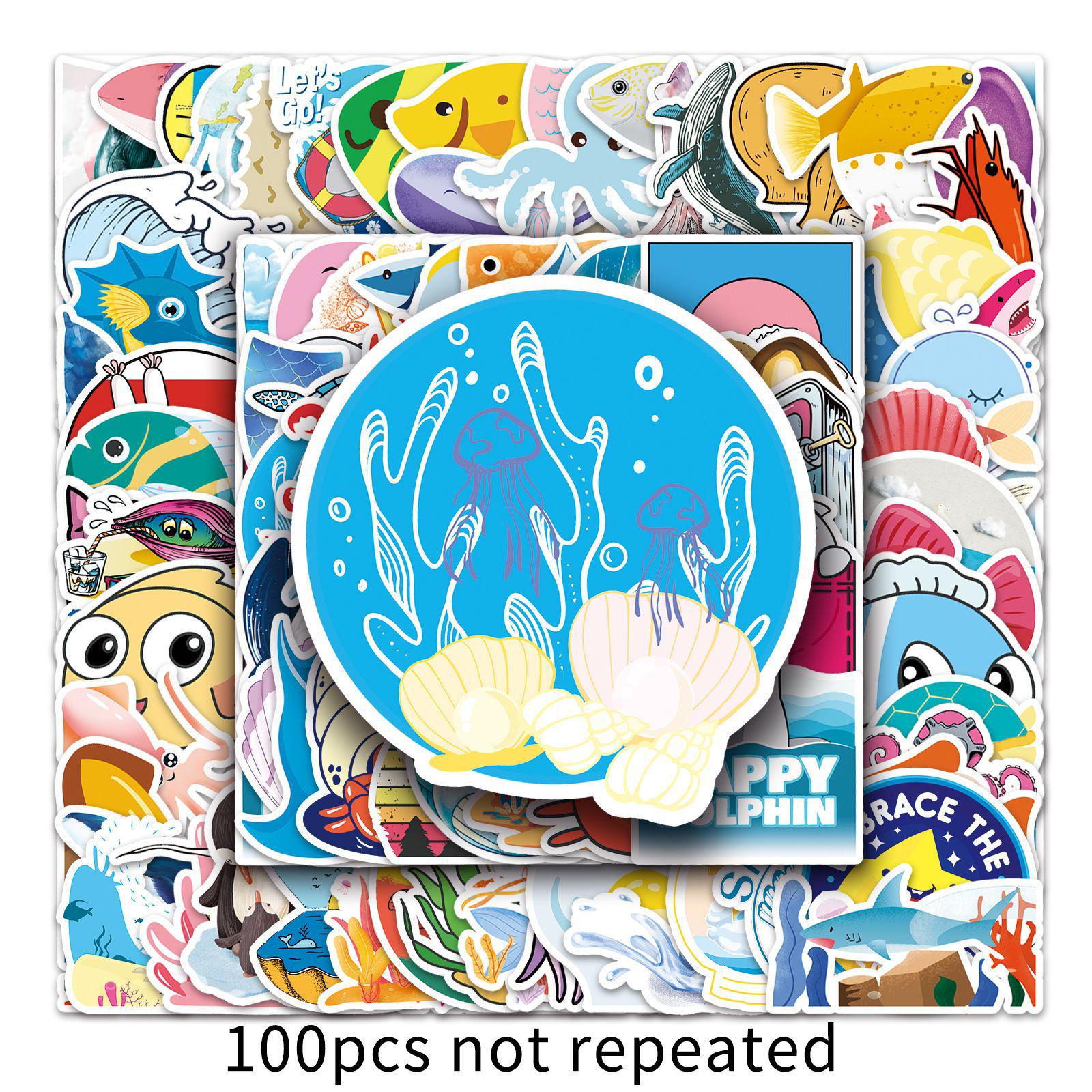 100 Ocean-Themed Animal Doodle Stickers for Luggage, Skateboards, Guitars, Cars, and Phones