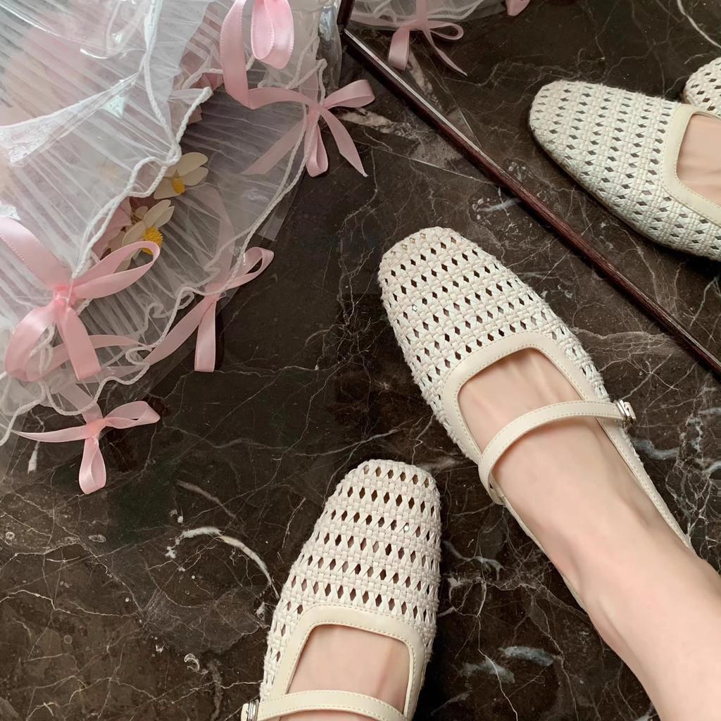 Spot Second Hair! Southern French Style~ Grape Mother Retro Woven Hollow Square Head with Thick Heel Muller Half Drag