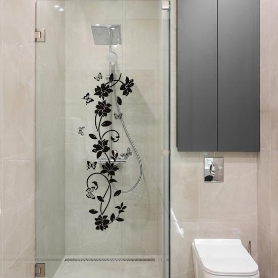 Yousheng Black Flower Butterfly Glass Sticker Waterproof PVC Removable Self-Adhesive Bathroom Wall Door Floral Art Decorative Decal