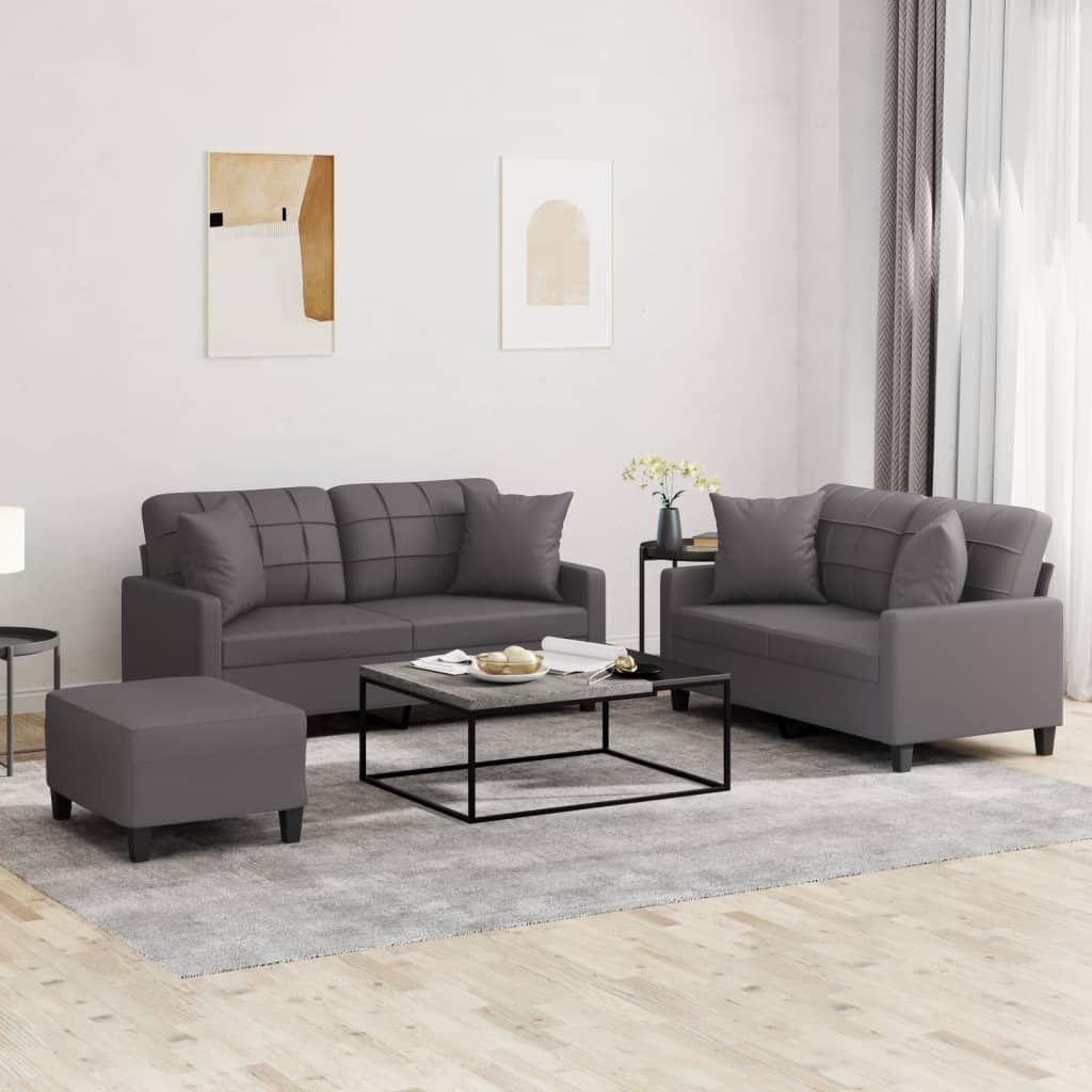 Vidaxl 3-Cz. Set da Salotto con Cuscini, Grigio, Ecopelle
