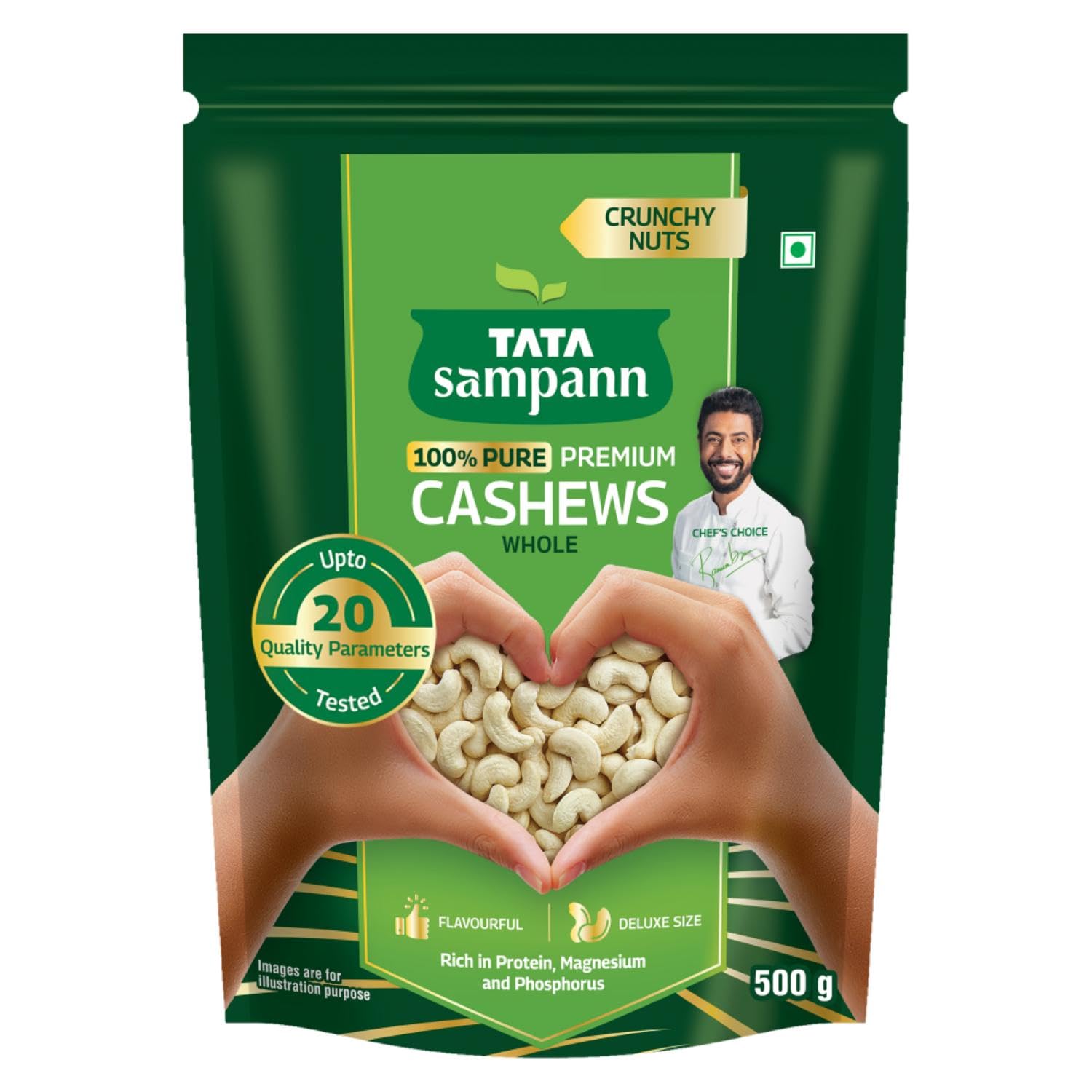 Tata Sampann Pure Cashews Whole/Kaju, 500g, Nutritious & Delicious, Premium Kaju nuts, Rich in Protein, Magnesium & Phosphorus, Deluxe Size & Cru