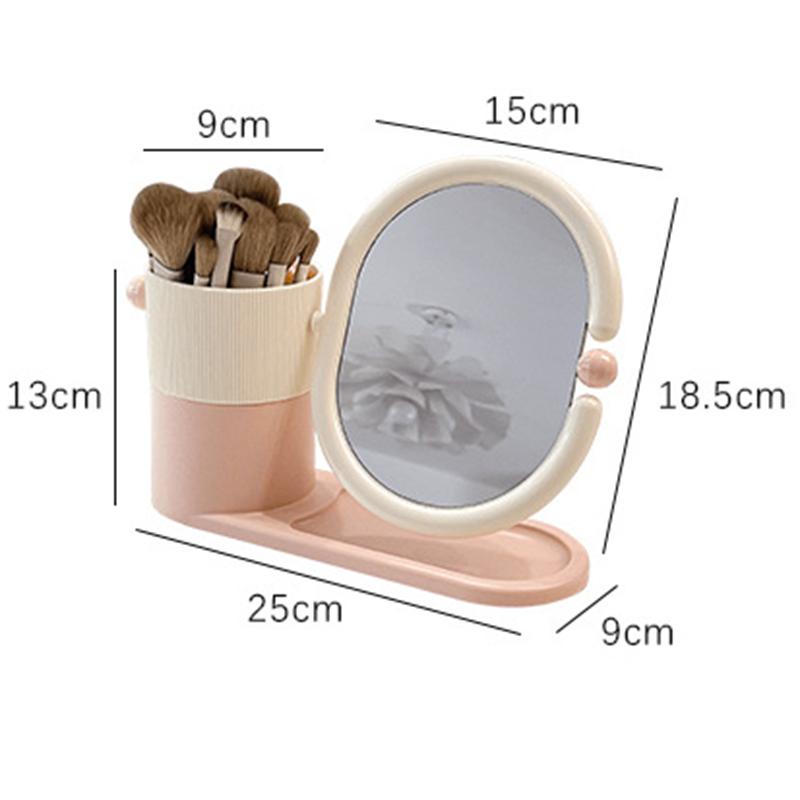 Rotatable Makeup Mirror with Storage Box, Desktop Cosmetic Brush Holder, Multifunctional Table Vanity Mirror Tray