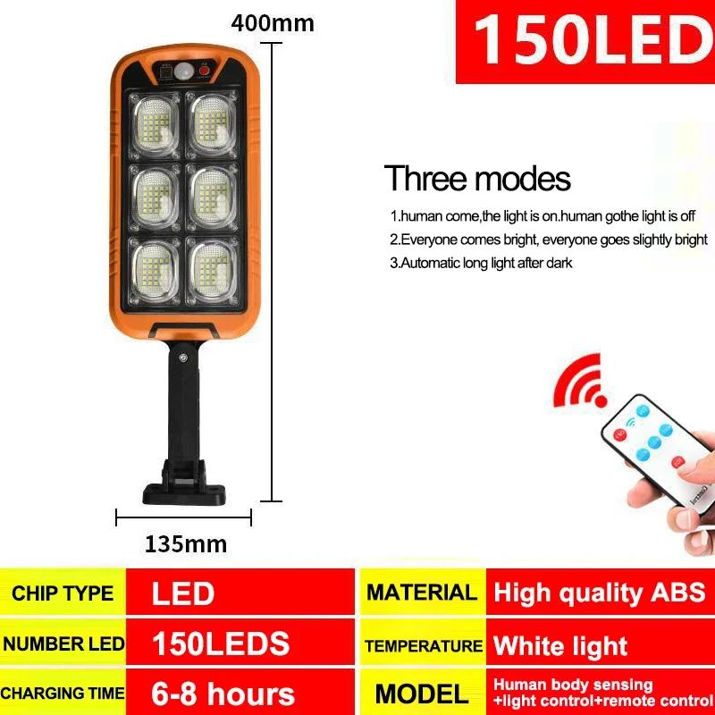 150LED/150COB Solární pouliční osvětlení Venkovní lampa s dálkovým ovládáním se 3 světelnými režimy Vodotěsné osvětlení pro zahradu s pohybovým senzorem