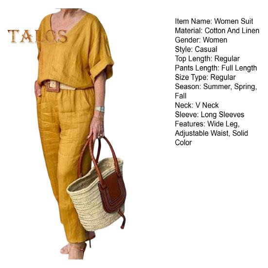 2-teiliges Set mit Bluse und Hose, V-Ausschnitt, langen Ärmeln, Oberteil, weites Bein, lockere Hose mit elastischer Taille, OL, lässiges Homewear-Outfit