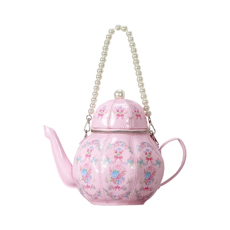 

Teapot Shape Handbag Purse Pu Leather Shoulder Bag Crossbody Bag Lolitas Pearls Top Handle Handbags with Zipper Closure розовый