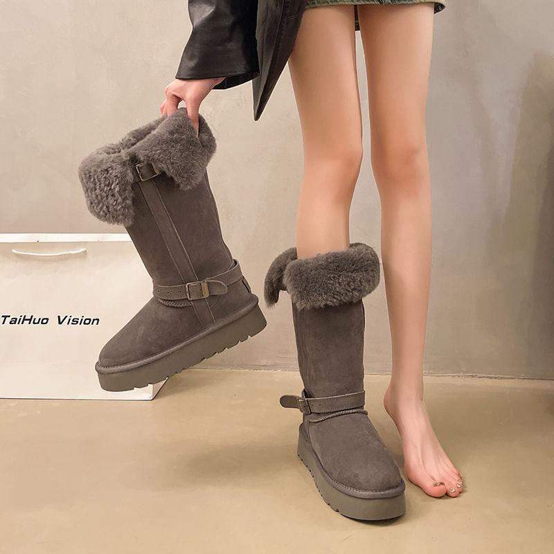 Fur Integrated Snow Boots Women's Winter New High Tube Can Be Folded Two Wear Thickened Warm Cotton Shoes Medium Boots