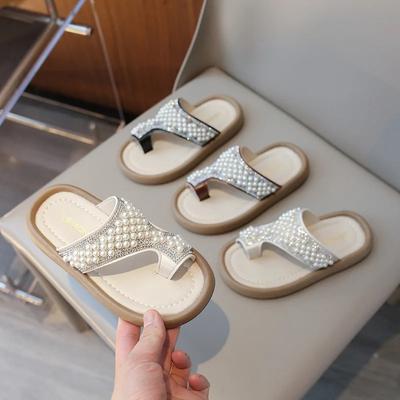 Children Slippers 2024 Summer New Girls' Sandals with Pearl Rhinestone Korean Edition Finger Set Outdoor Kids Sandals Non Slip