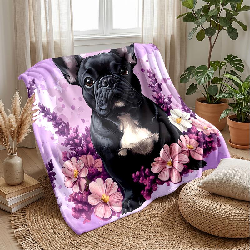 Fluffy Dog In Flower Garden Theme Blanket Lightweight Warm Flannel Blanket Decorative Throw Blanket for Home Decoration