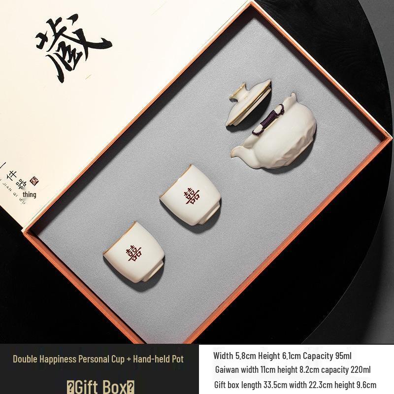 JINGRX Forbidden City Red Double Happiness Teacup & Pot Gift Set
