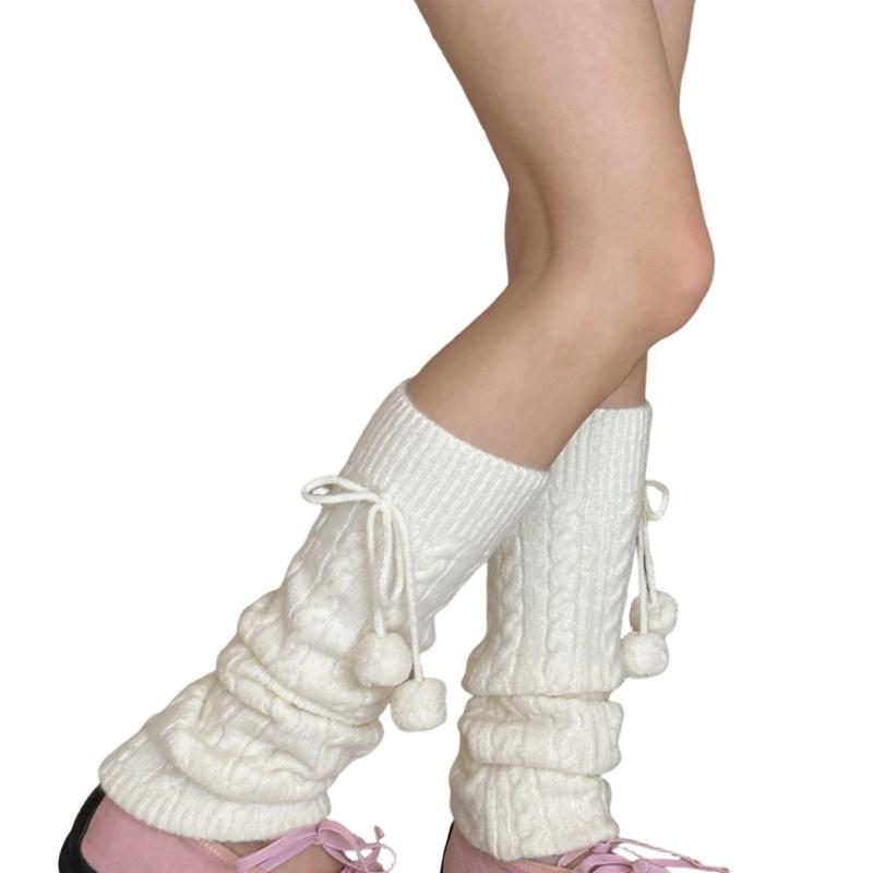Fashionable Plush Balls Bows Adorned Leg Warmers for Women's Cable Knitted Stretchy Leg Covers Sleeves Calf Socks