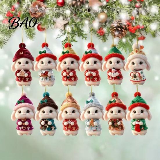 Festive Bunny Hanging Decor Christmas Wooden Ornament, 2D Flat Rabbit with Santa Cute Animal Tree Ornaments Hat, Holiday Pendant for Wreath Door, Home