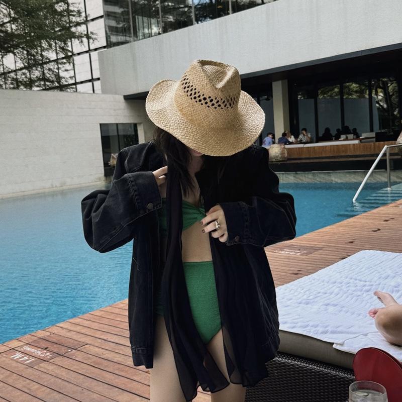 Wholesale hollow woven natural Lafite straw hat outdoor travel vacation beach sunshade sun protection Panama cowboy hat