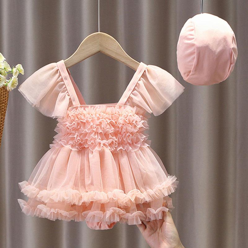 

Girls Pink Backless Skirt-Style Mesh Swimsuit - 2024 Summer Collection 120