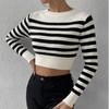 Camisa feminina listrada de malha canelada, manga comprida, gola redonda, ajuste fino, suéter