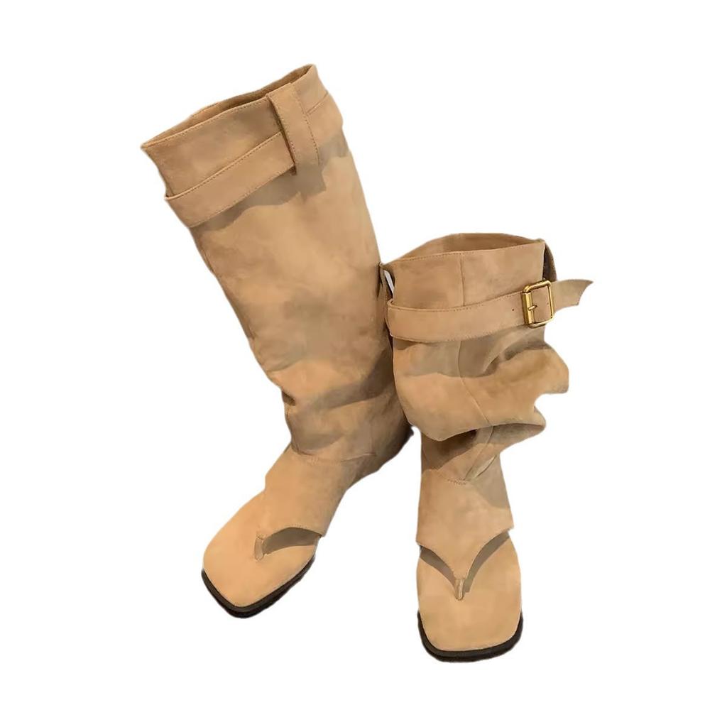 Cowhide Version~ Grape Mother Open-toed Western Cowboy Boots Pinch-toe Stacking Boots Pinch-toe Cold Boots Flat Bottom Inner Height-increasing Boots