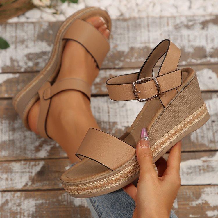 

Новые туфли с вырезом «рыбий рот», сандалии на танкетке с застежкой, повседневные сандалии на толстой подошве с одним ремешком 41 светло-коричневого