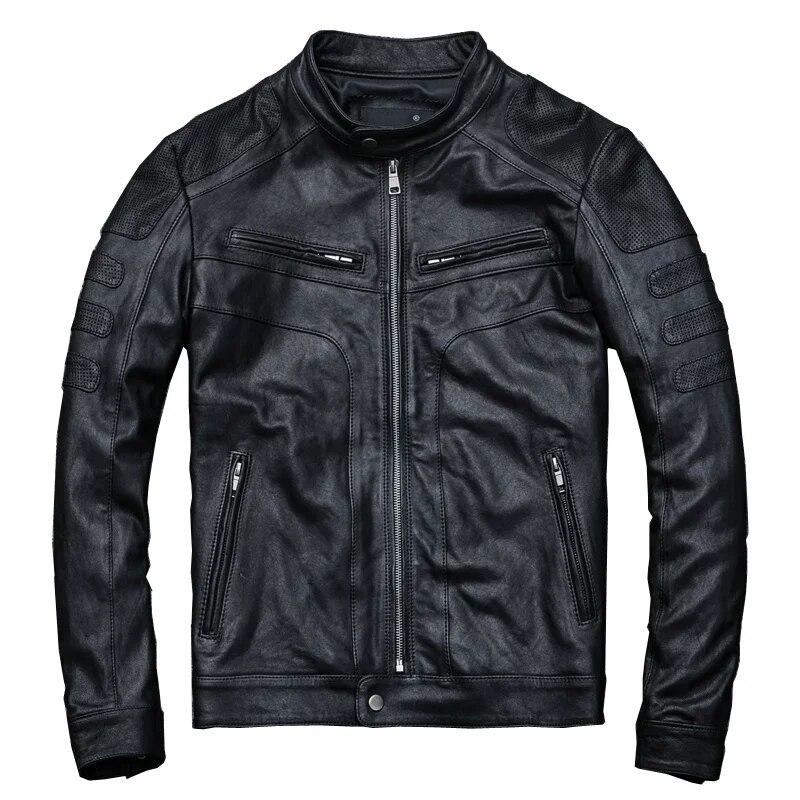 100% chaquetas de cuero genuino para hombre, chaqueta de piel de oveja auténtica para hombre, chaqueta de motocicleta para primavera y otoño, abrigo Vintage para hombre