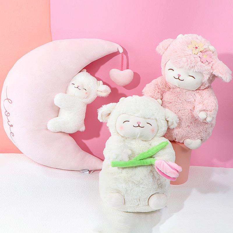 Lamb Plush Doll Kawaii Sweet White Pink Sheep Hold Tulip Flower Soft Stuffed Animal Doll Sheep Wuggy Cartoon Plushie Toy