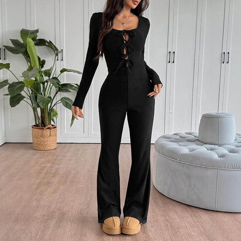 YYFS Women's Fashion Casual Spring Autumn Solid Color Print Long Sleeve Square Collar High Waist Trousers Jumpsuits & Rompers
