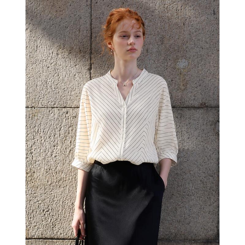 Women's Striped V-Neck Spliced Loose Fit Blouse