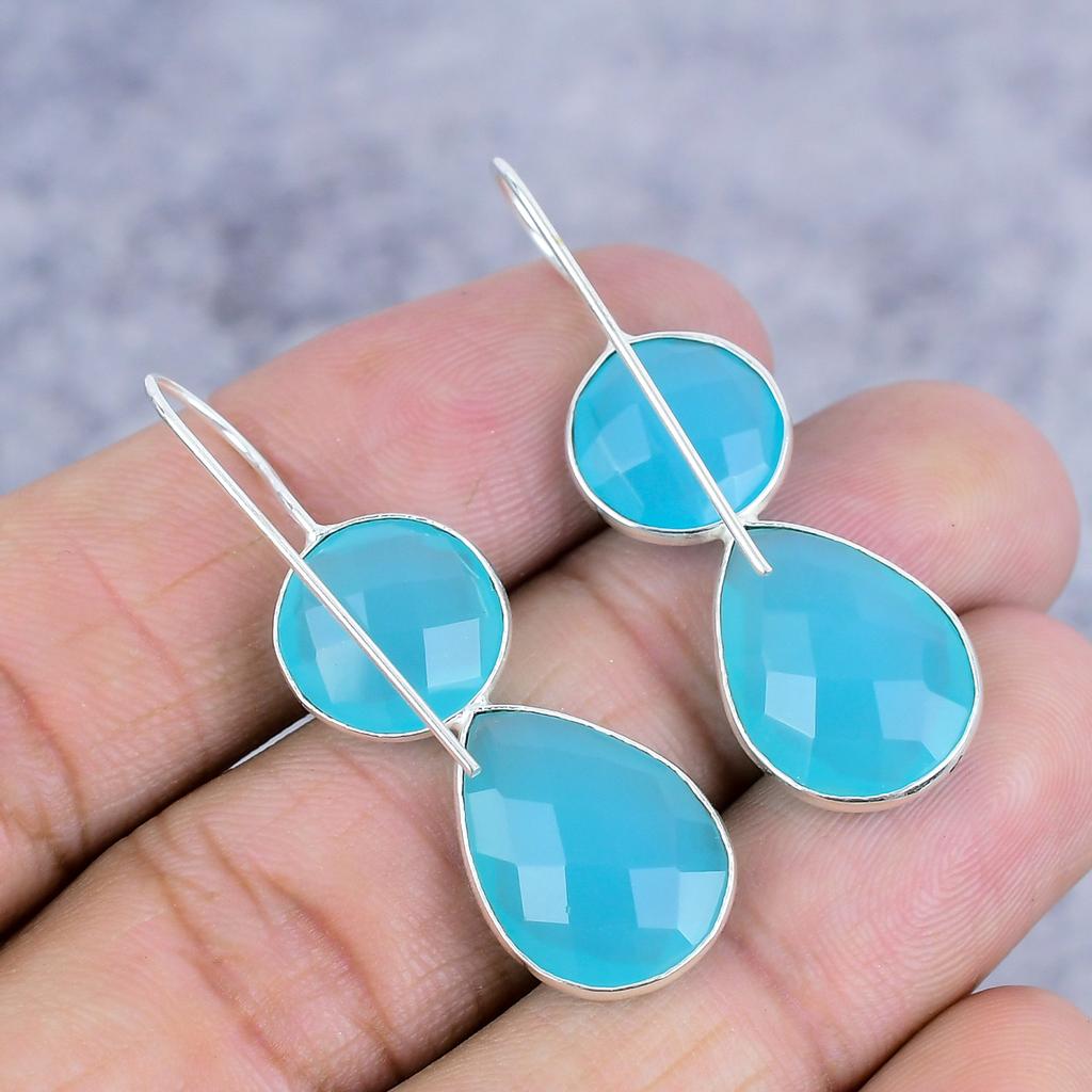 Blue Chalcedony Gemstone Handmade 925 Sterling Silver Jewelry Earring 1.77" M-2621