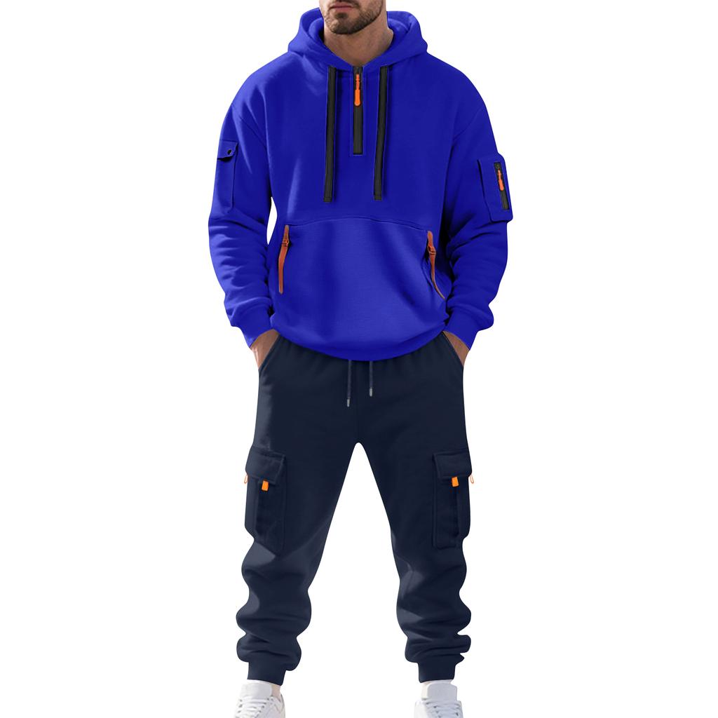 Men's Solid Color Casual Suit Loose Sports Hooded Sweatshirt With Pockets Multi Pocket Overalls Suit