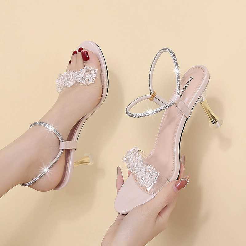 Fashion Women High Heel Crystal Sandals Ankle Buckle Rhinestones 2024 Summer Fashion Elegant Gold Thin Heel Fairy Style Shoes