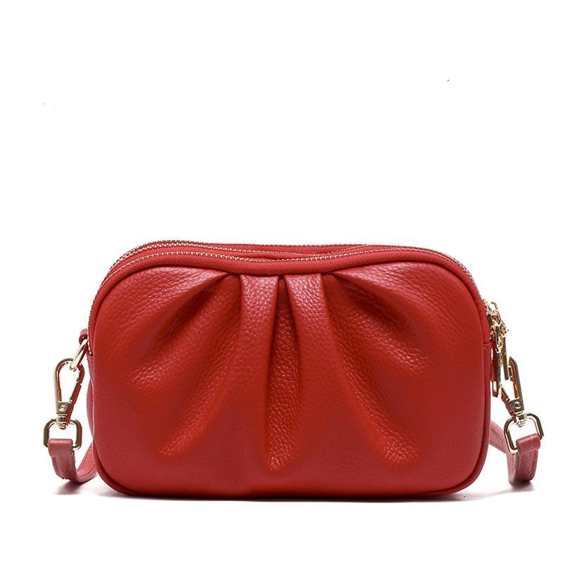 

Leather women s bag, high-end mobile phone bag, new first-layer cowhide change bag, three-layer zipper pleated shoulder bag. красный