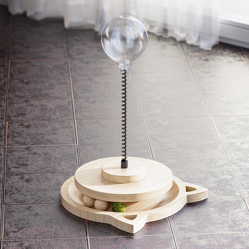 Solid Wood Rotating Catnip Ball and Teaser Wand Set - Cat Food Dispenser & Toy