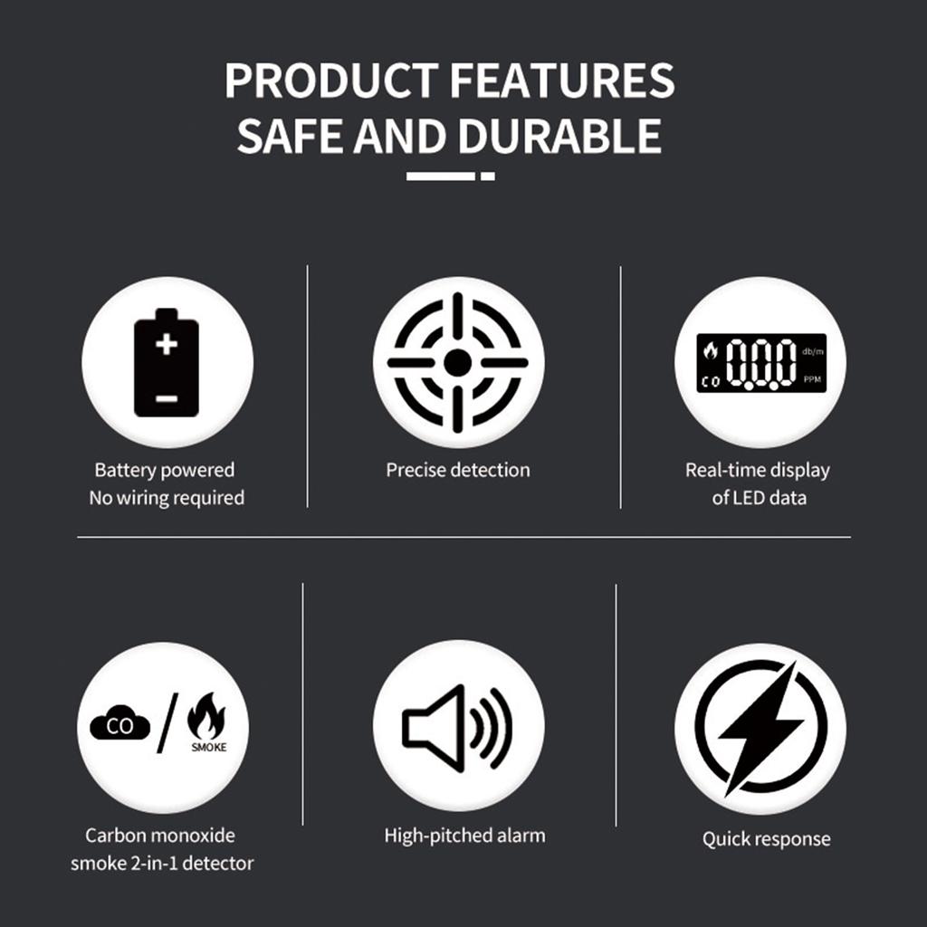 2 in 1 Carbon Monoxide Alarm Detector Battery Powered Smoke and Carbon Monoxide Detector Alarm LCD Display CO Detector for Home