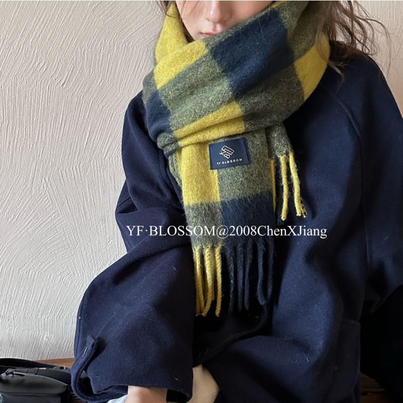 Wool large grid scarf couple versatile warm scarf shawl plaid fringed scarf