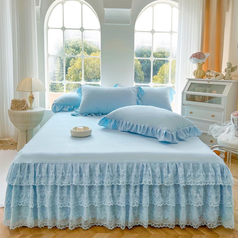 Dreilagiger Bettüberwurf aus Gazespitze, universelle Saisonbettwäsche, Tagesdecke, einfarbig, gerüschter Rand, staubdichte und rutschfeste Tagesdecke