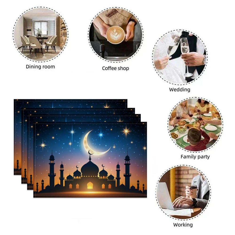 Ramadan Eid Tischsets Islamische Moschee Mondsichel Stern Design Festliche Tischdekoration für Iftar Eid al Fitr Langlebig Waschbar