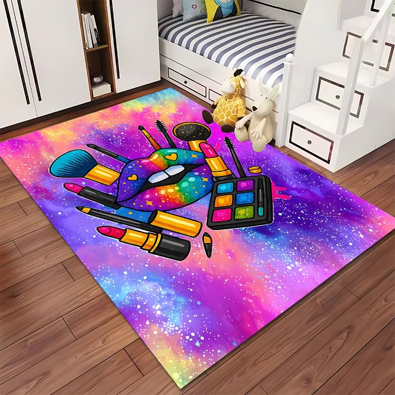 Colorful Makeup-Themed Carpet with Lipstick, Brush & Cosmos Design Suitable for use as an anti-slip for living room bedroom sofas