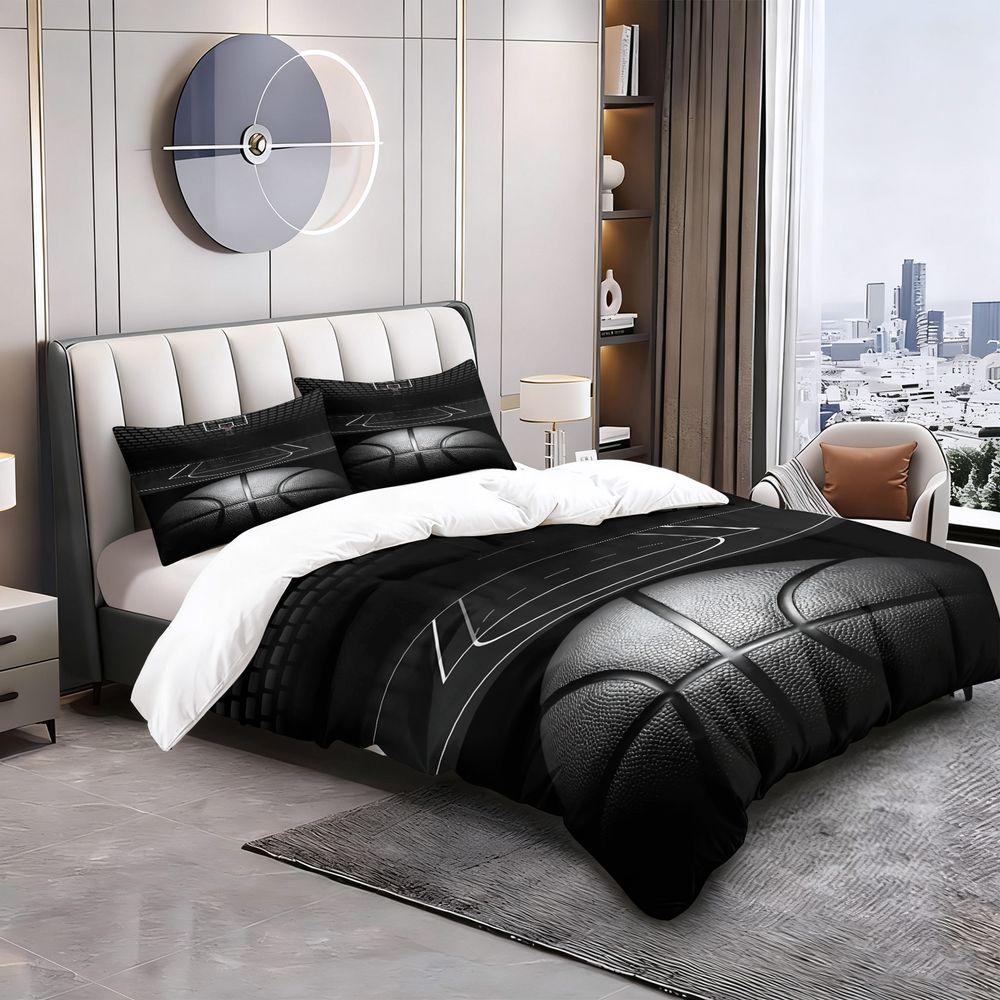 Dramatic Basketball Court Print Duvet Cover Set (1 Duvet Cover & 1/2 Pillowcase) Monochrome Sports Bedding Set for Teen Bedroom