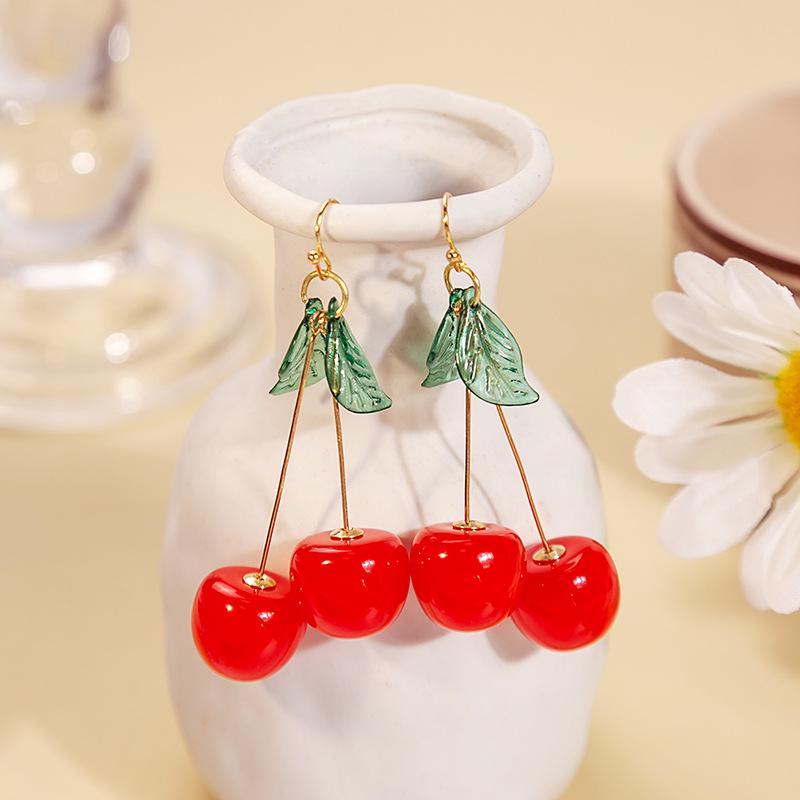Japanese & Korean Cherry Earrings with Green Leaf, Cute Cartoon Resin Design for Students. Exquisite and Trendy.