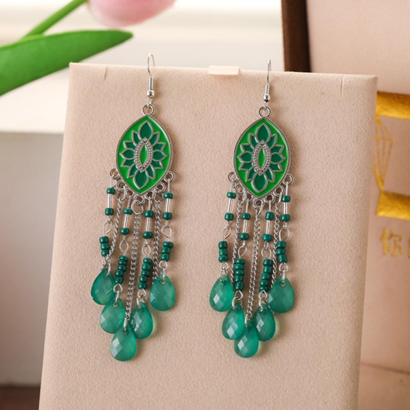 Bohemian Enamel Flower Water Drop Earrings for Women Ethnic Vintage Multicolor Beaded Long Earrings Vacation Daily Jewelry