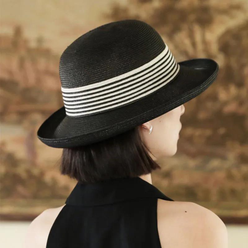 WTEMPO Elegant Casual Foldable Summer Straw Hats Women's Striped Wide Brim Solid Color Outdoor Sunscreen Hats