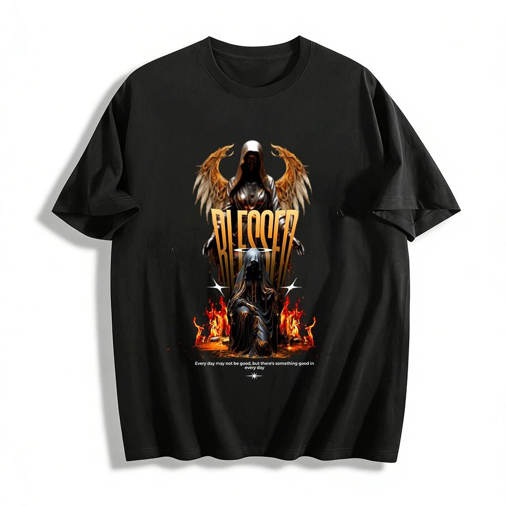 Dark Style Blessed Angel Flame Print Trendy Loose Casual Short Sleeve T-Shirt Pure cotton T-shirt XXS