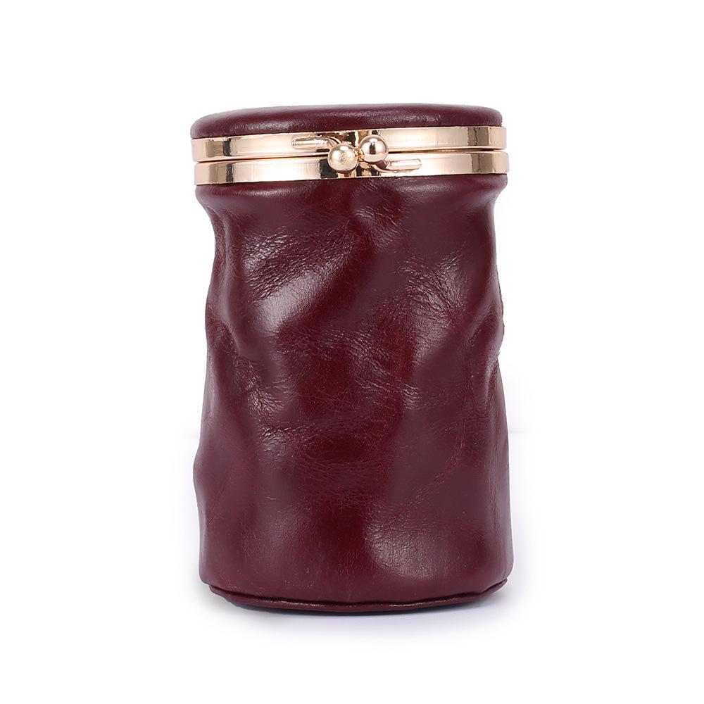 Real Top Layer Oil Waxed Cow Leather Fashion Barrel-Shaped Cosmetic Make Up Items Case Mini Mirror Cover Lipsticks Bag