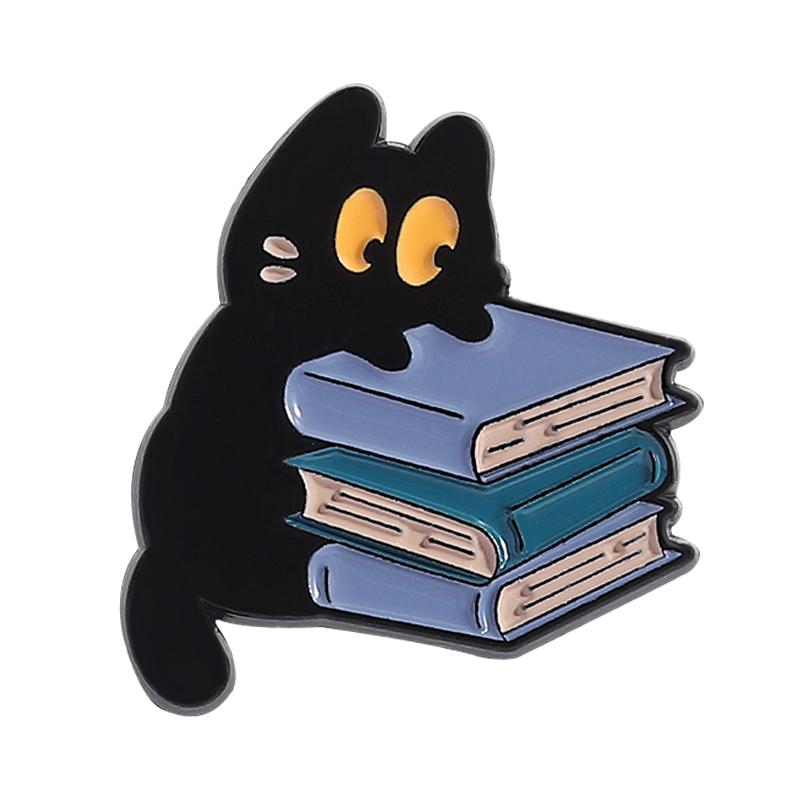 

Cute Big Eyes Black Cat Reading Book Enamel Pins Funny Kitten Animal Brooches Lapel Badge Jewelry Gifts for Book Lover Friends