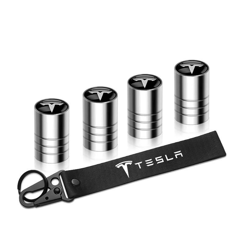 Bilklistermärke Tesla 4 st Bilhjul Däckventilhatt Nylon Nyckelring Snöre Nyckelringar För Tesla WYE Invader Juguete Modell 3 Y S X Spa