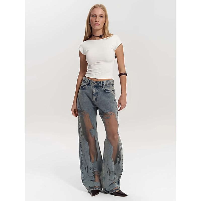 

American Gyaru Retro Straight Pants Hollow-out Texture Niche Design Sense Jeans Loose Wide-Leg See-through Trousers Blue Gray XL