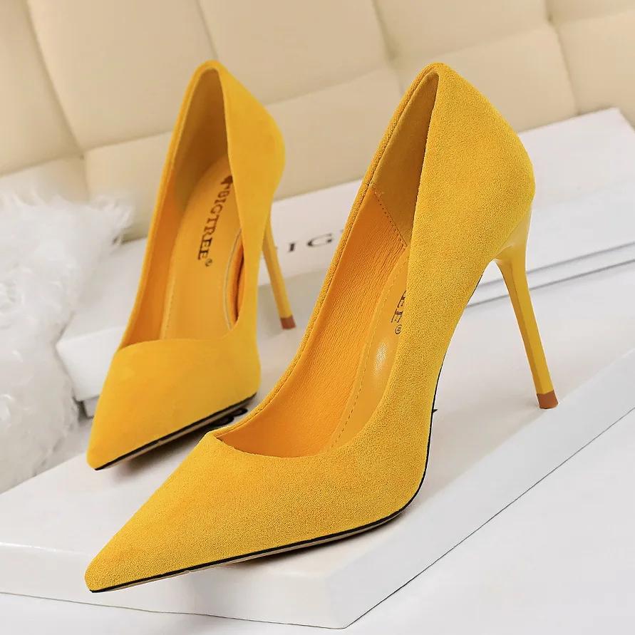 Women 9cm High Heels Pumps Stripper Flock Suede Plus Size Escarpins Lady Wedding Bridal Heels Escarpins Green Blue Yellow Shoes